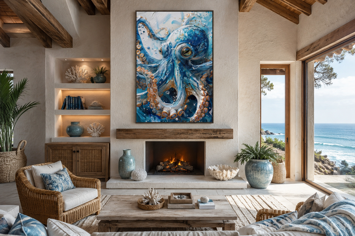 Blue Octopus coastal framed canvas wall art hanging above a fireplace in a beach house living room.