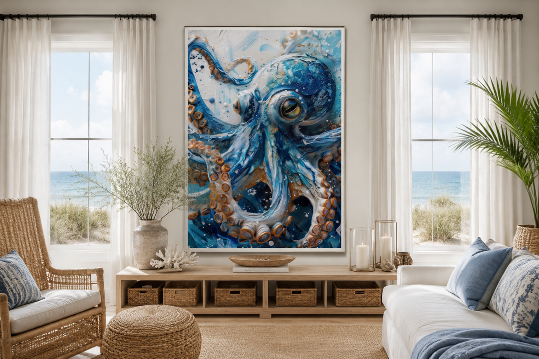 Blue Octopus coastal framed canvas wall art displayed above a wooden console in a beach house.