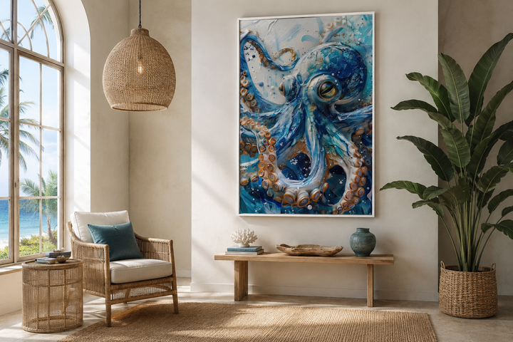 Blue octopus framed canvas wall art in a coastal living room with beach views.