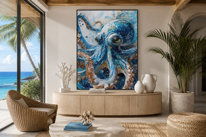 Blue octopus framed canvas wall art in a coastal living room above a wooden sideboard.