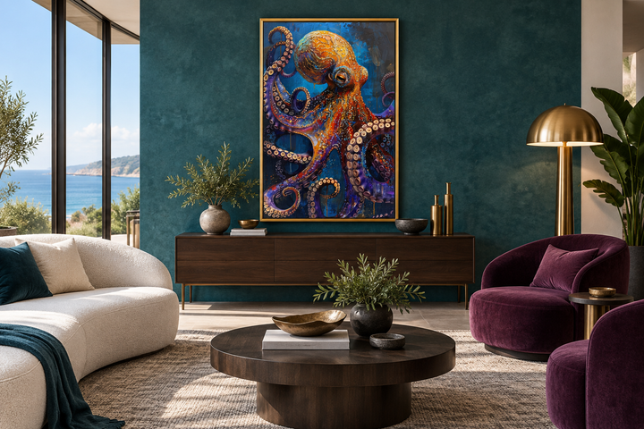 Gold and purple octopus framed canvas wall art hanging in a modern living room.
