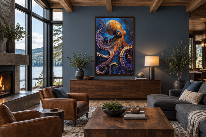 Gold and purple octopus framed canvas wall art hanging in a modern living room above a sideboard.