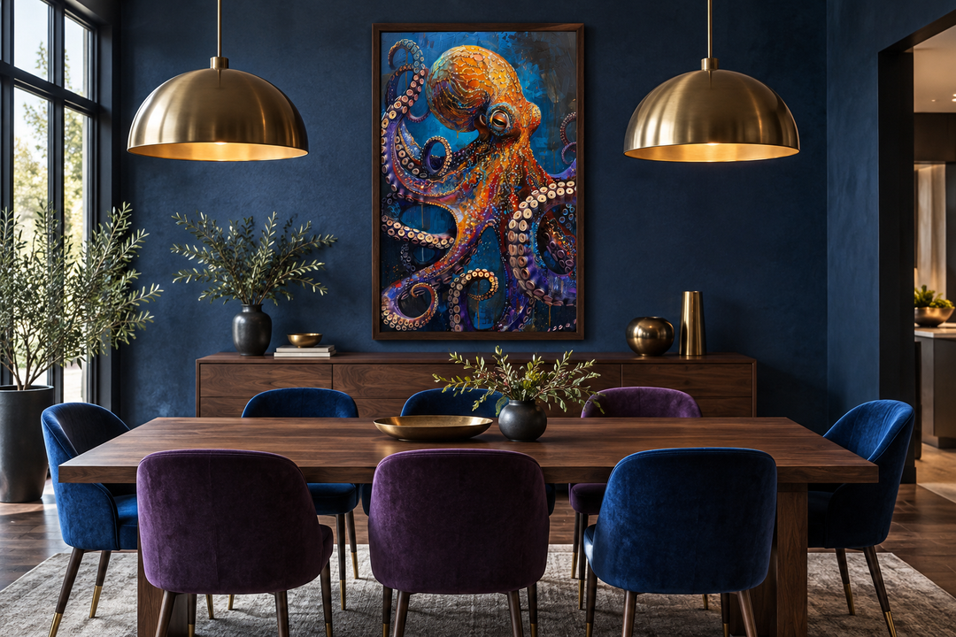 Gold and purple octopus framed canvas wall art hanging in a modern navy blue dining room.