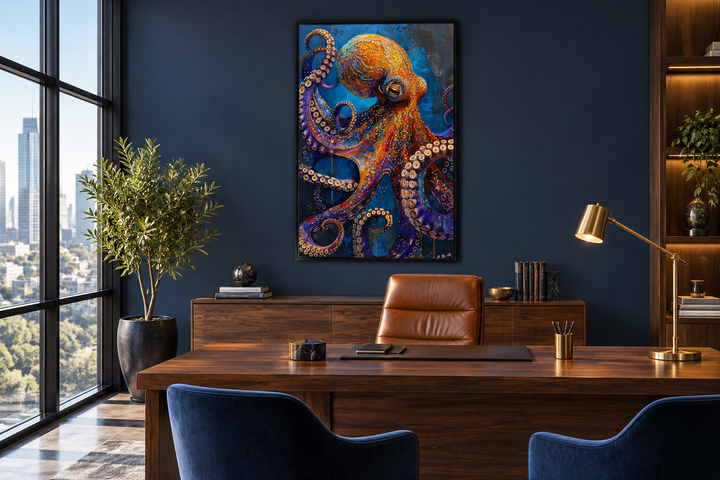 Gold and purple octopus framed canvas wall art hanging in a modern dark blue office setting.