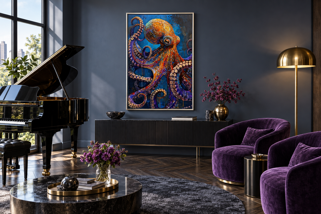 Gold Purple Octopus Framed Canvas Wall Art hanging in a modern living room above a black sideboard.