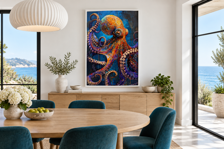 Gold Purple Octopus Framed Canvas Wall Art hanging above a wooden sideboard in a dining room.