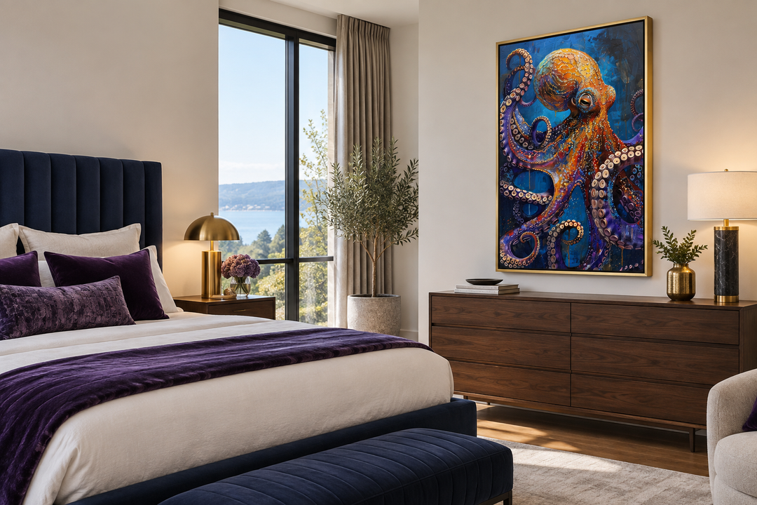 Gold and purple octopus framed canvas wall art hanging above a wooden dresser in a bedroom.