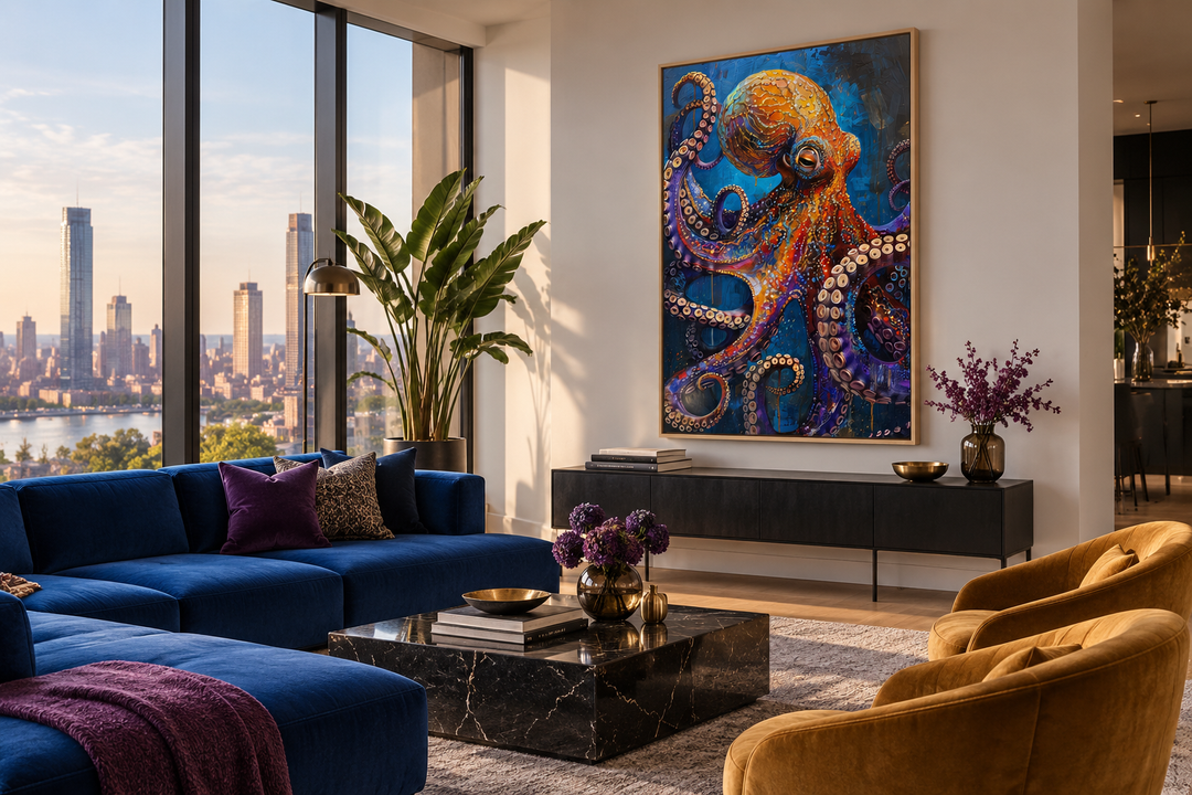 Gold and purple octopus framed canvas wall art hanging in a modern living room with a city view.