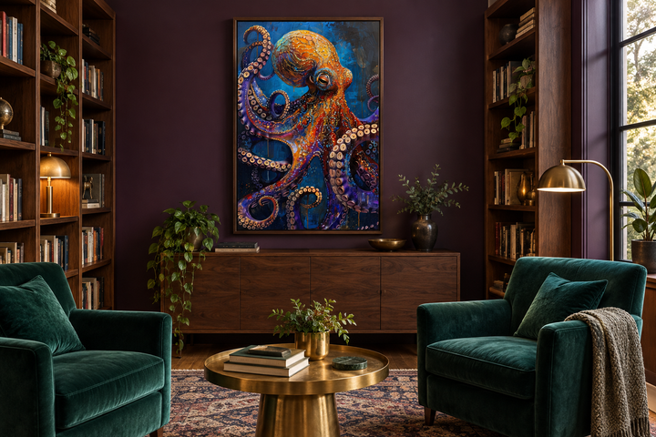Gold and purple octopus framed canvas wall art hanging in a dark purple living room.