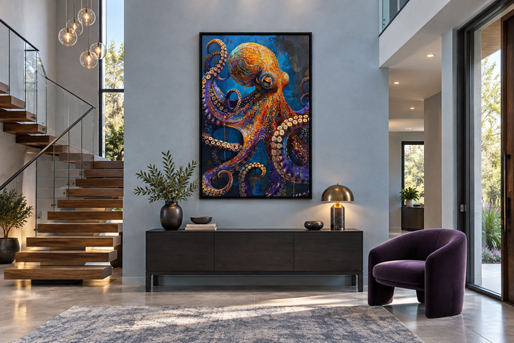 Gold and purple octopus framed canvas wall art hanging above a dark wood sideboard in a modern room.