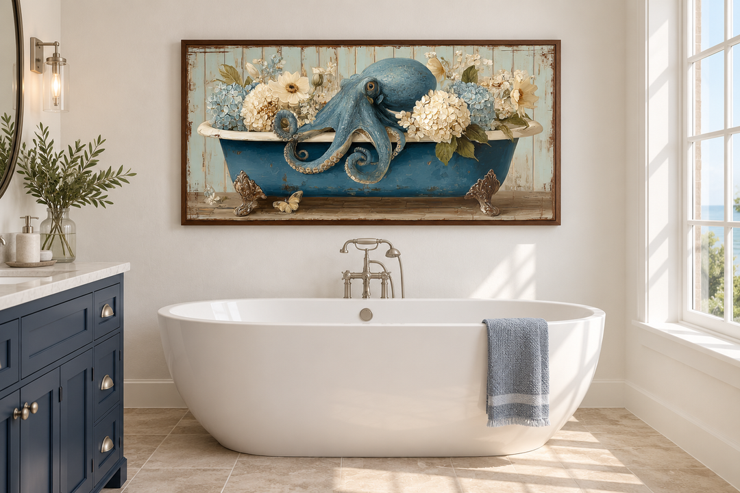 Octopus in bathtub with flowers canvas wall art hanging in a bright, modern bathroom.