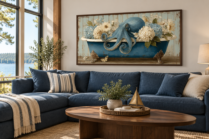 Octopus in bathtub with flowers canvas wall art hanging above a blue sectional sofa in a living room