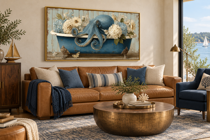 Octopus in bathtub with flowers canvas wall art above a leather sofa in a nautical living room.