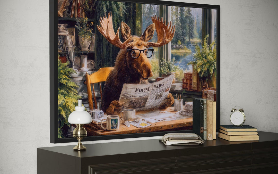 Office Moose Reading Newspaper Framed Canvas Wall Art