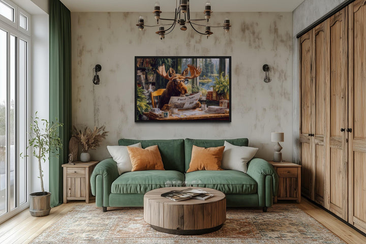 Office Moose Reading Newspaper Framed Canvas Wall Art