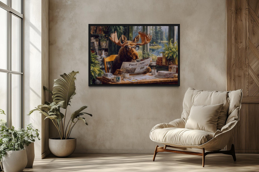 Office Moose Reading Newspaper Framed Canvas Wall Art