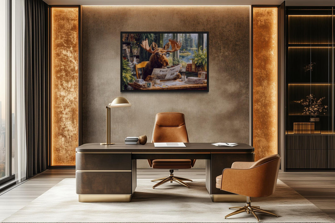 Office Moose Reading Newspaper Framed Canvas Wall Art