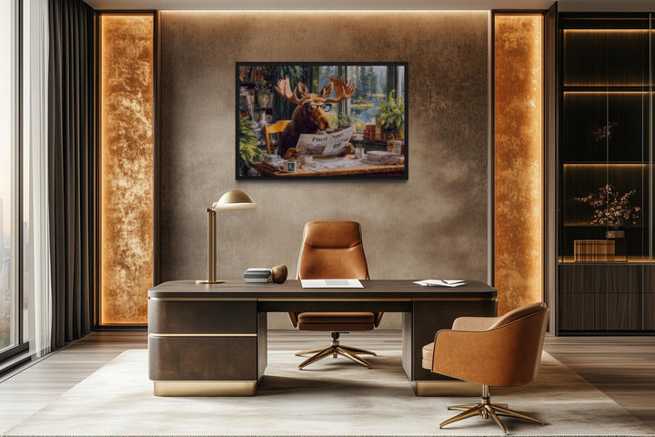 Office Moose Reading Newspaper Framed Canvas Wall Art