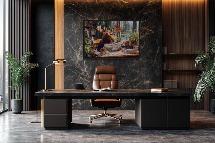 Office Moose Reading Newspaper Framed Canvas Wall Art