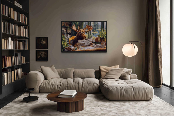 Office Moose Reading Newspaper Framed Canvas Wall Art