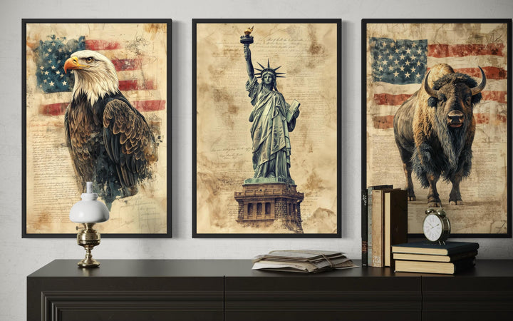 Set of 3 American wall art prints featuring a bald eagle, Statue of Liberty, and bison on a dresser.