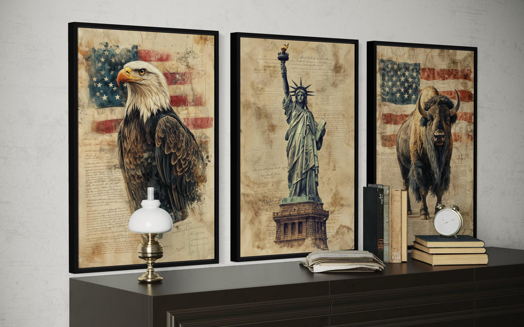 Set of 3 American wall art prints featuring a bald eagle, Statue of Liberty, and bison on a dresser.