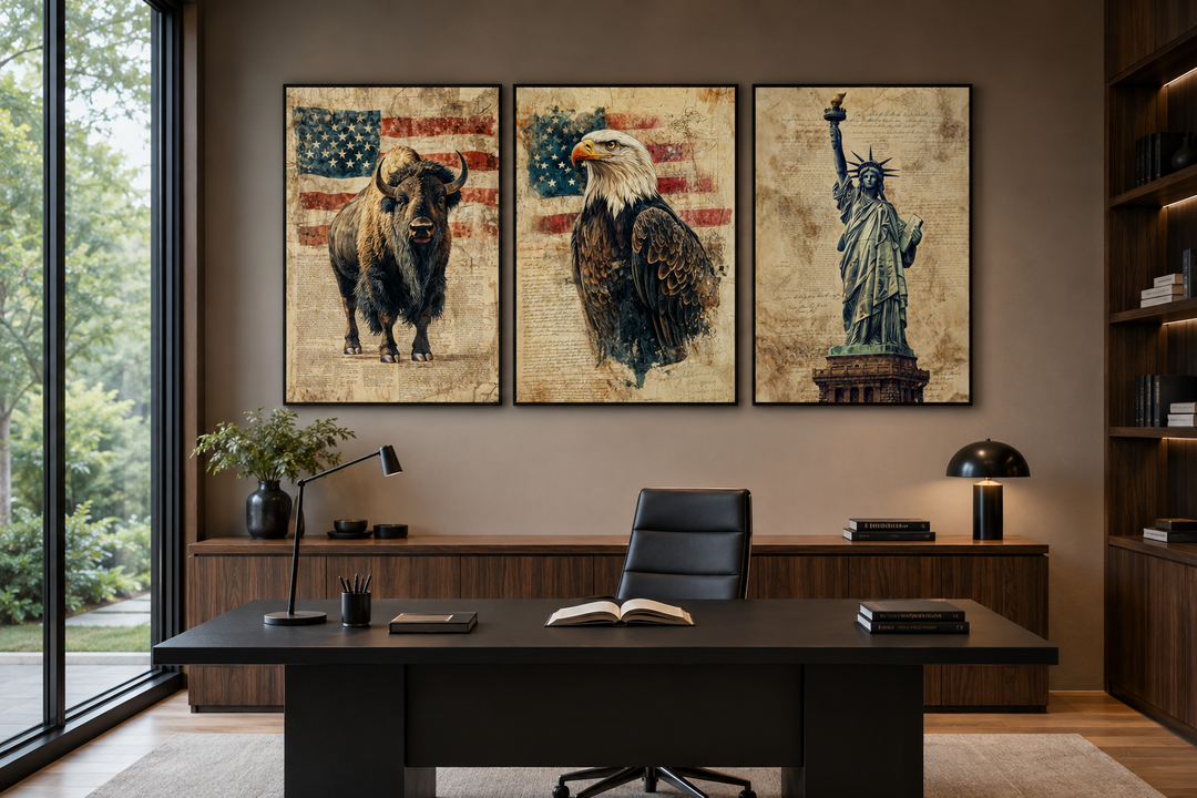 Set of 3 American wall art prints featuring a bison, bald eagle, and Statue of Liberty in an office.