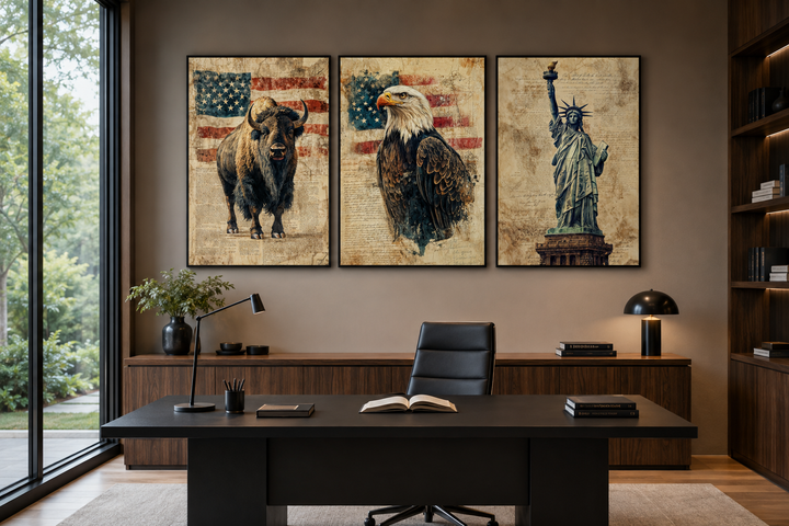 Set of 3 American wall art prints featuring a bison, bald eagle, and Statue of Liberty in an office.