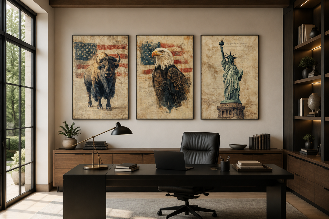 Set of 3 American wall art canvas prints featuring a bison, bald eagle, and Statue of Liberty.