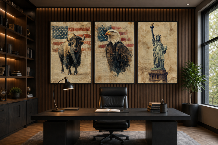 Set of 3 American wall art prints featuring a bison, bald eagle, and Statue of Liberty in an office.
