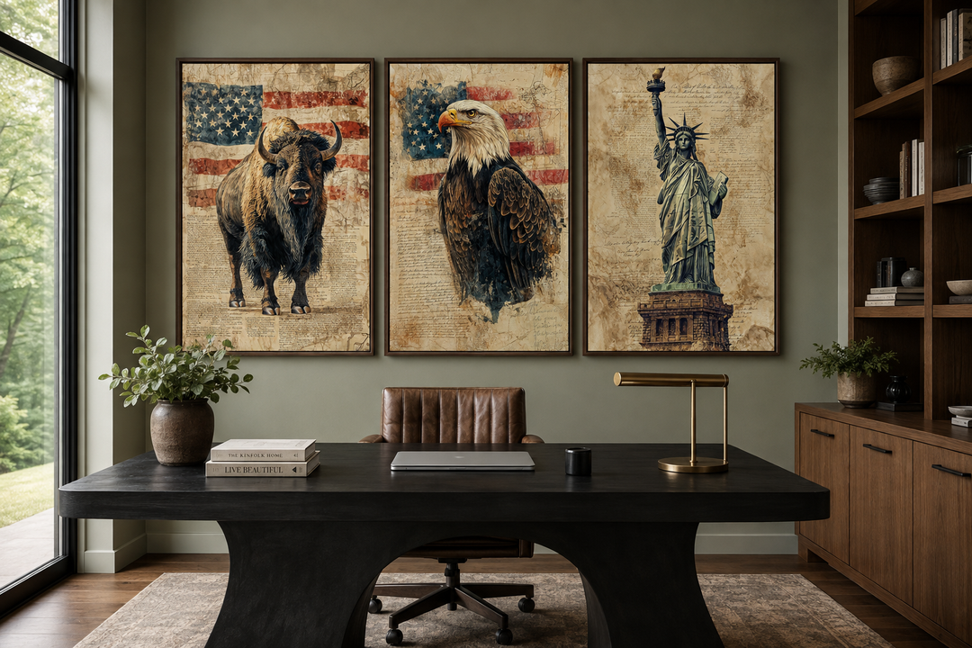 Set of 3 American wall art prints featuring a bison, bald eagle, and Statue of Liberty in an office.