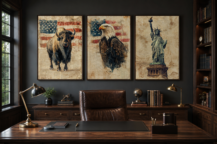 Set of 3 American wall art prints featuring a bison, bald eagle, and Statue of Liberty in an office.