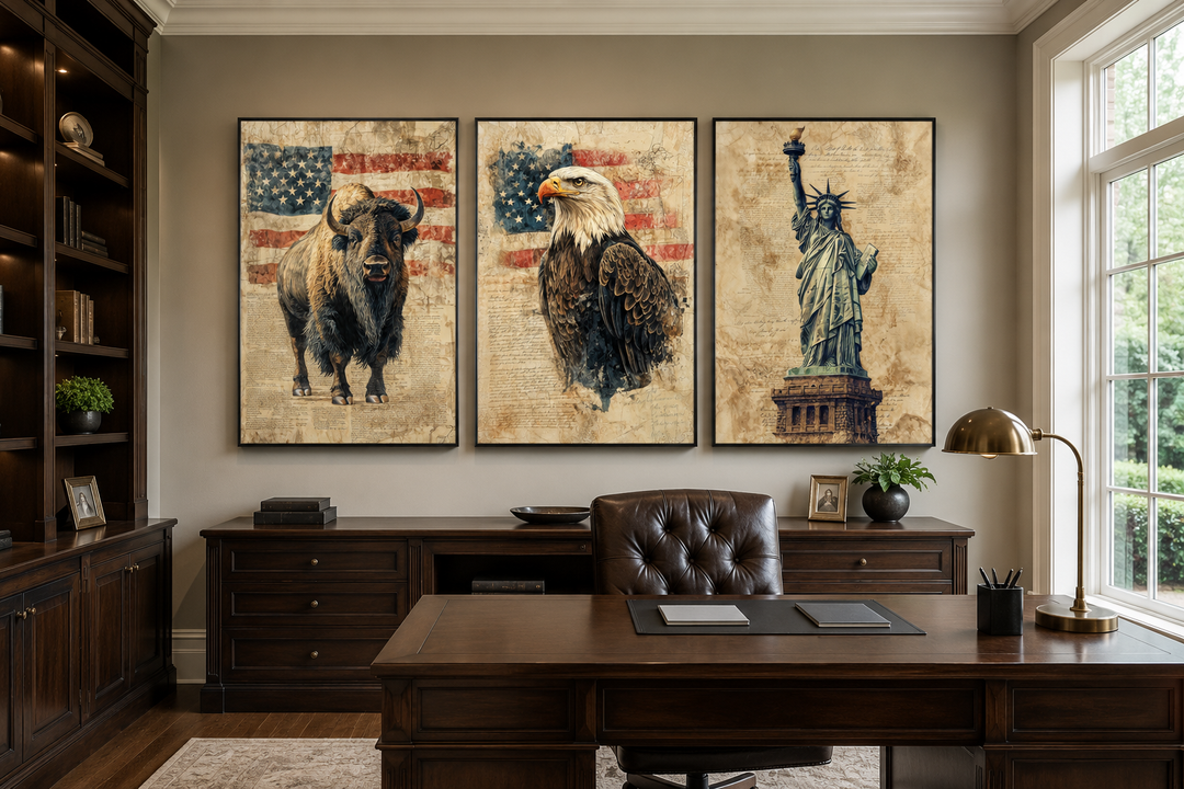 Set of 3 American wall art prints featuring a bison, bald eagle, and Statue of Liberty in an office.