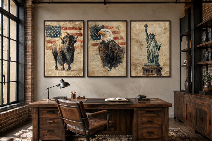 Set of 3 American wall art prints featuring a bison, bald eagle, and Statue of Liberty in an office.