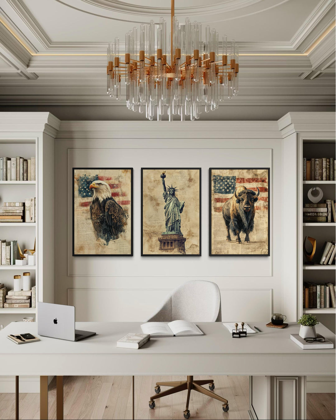 Set of 3 American wall art prints featuring a bald eagle, Statue of Liberty, and bison in an office.