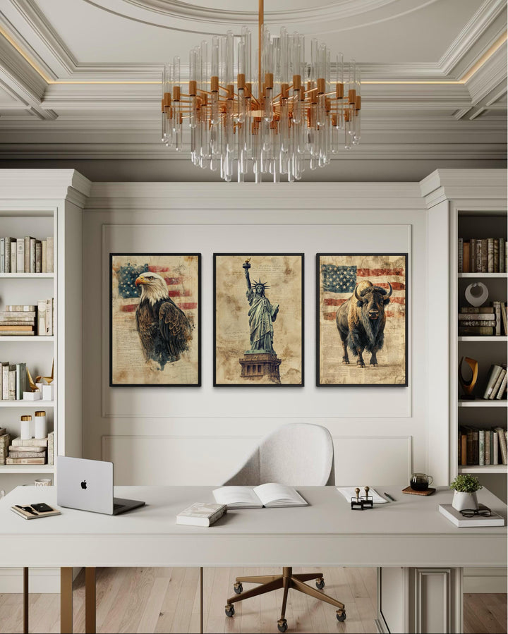 Set of 3 American wall art prints featuring a bald eagle, Statue of Liberty, and bison in an office.