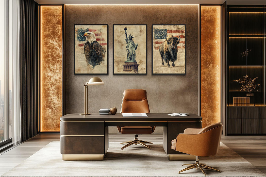 Set of 3 American wall art prints featuring a bald eagle, Statue of Liberty, and bison in an office.