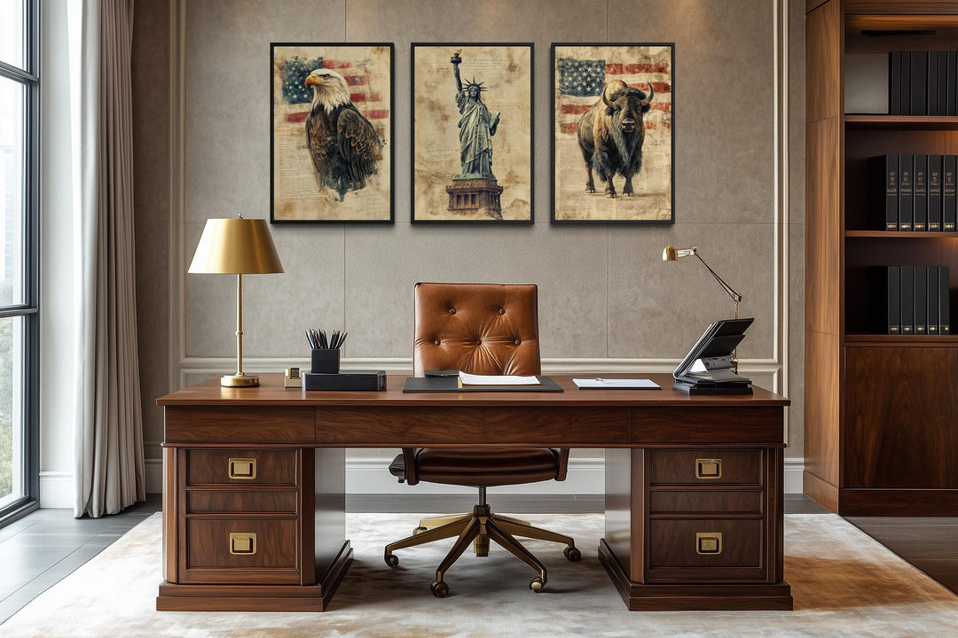 Set of 3 American wall art prints featuring a bald eagle, Statue of Liberty, and bison in an office.