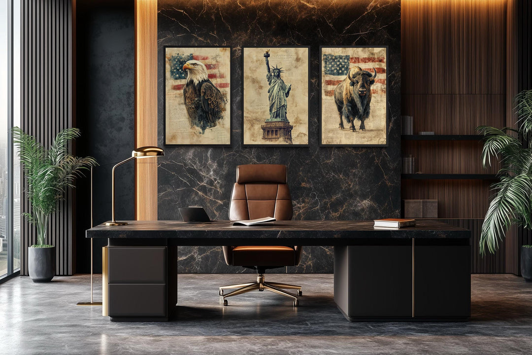Set of 3 American wall art prints featuring a bald eagle, Statue of Liberty, and bison in an office.