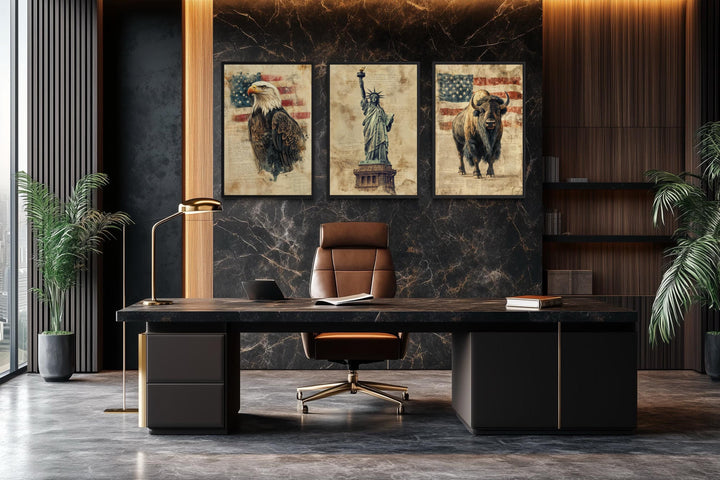 Set of 3 American wall art prints featuring a bald eagle, Statue of Liberty, and bison in an office.