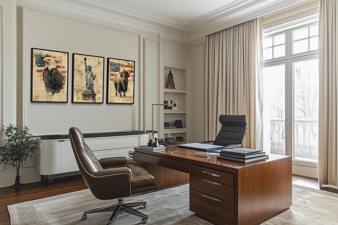 Set of 3 American wall art canvas prints featuring a bald eagle, Statue of Liberty, and bison.