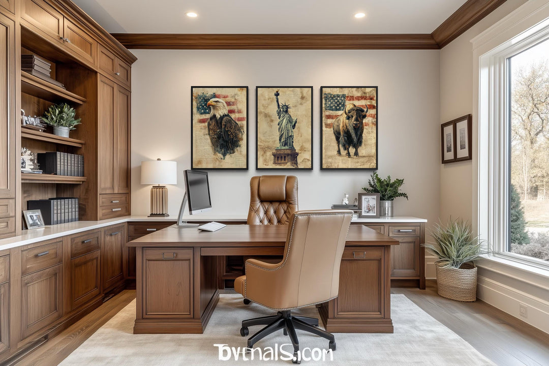 Set of 3 canvas prints featuring a bald eagle, Statue of Liberty, and bison in an executive office.