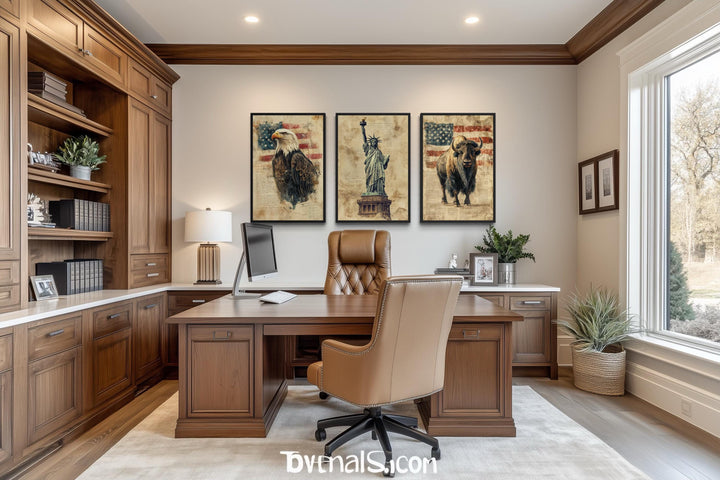 Set of 3 canvas prints featuring a bald eagle, Statue of Liberty, and bison in an executive office.