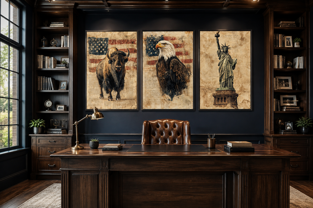 Set of 3 American wall art prints featuring a bison, bald eagle, and Statue of Liberty in an office.