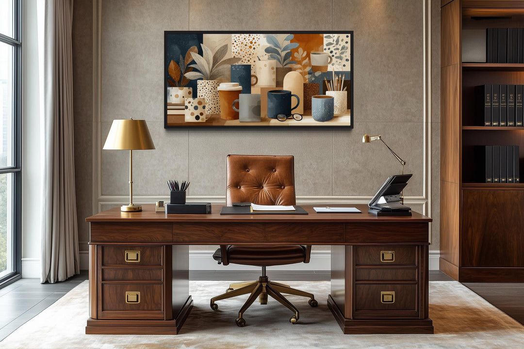 Office Wall Art – Blue Brown Modern Still Life With Books, Mugs, Stationary And Plants