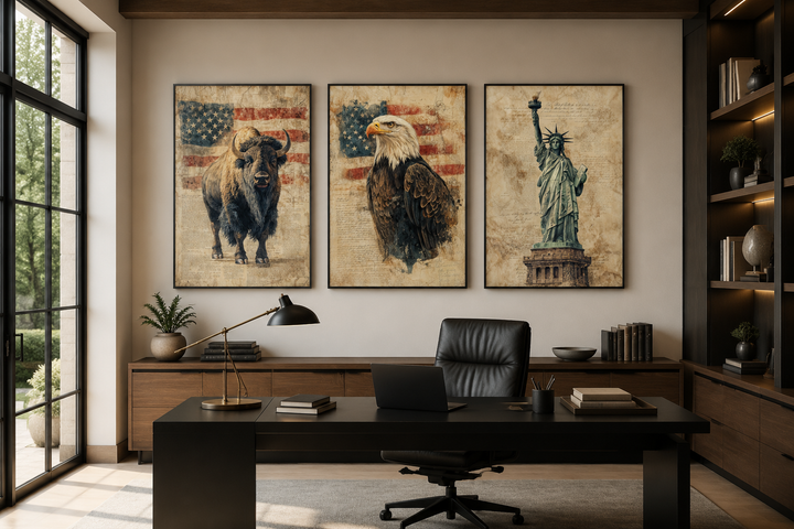 Set of 3 American wall art canvas prints featuring a bison, bald eagle, and Statue of Liberty.