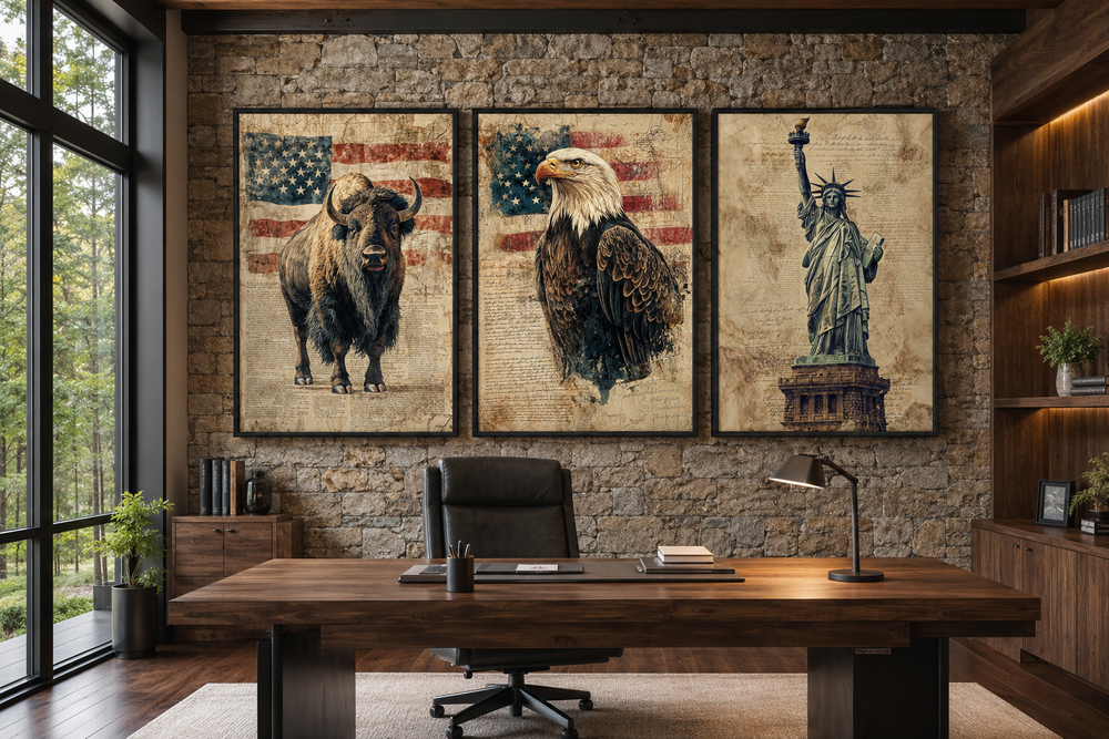 Set of 3 American wall art prints featuring a bison, bald eagle, and Statue of Liberty in an office.