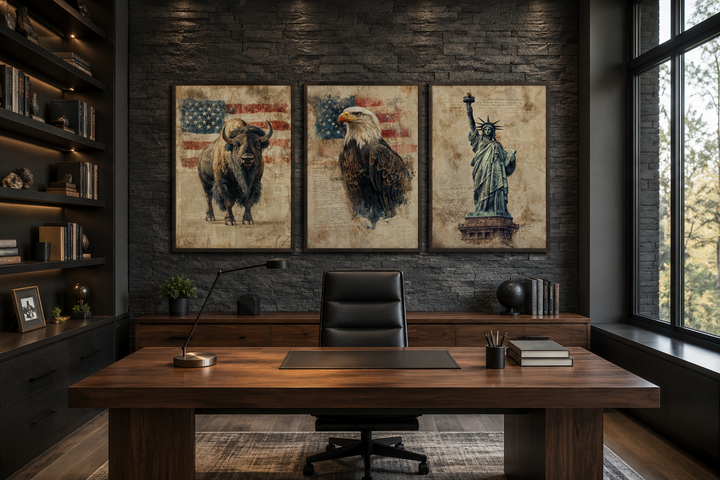 Set of 3 American wall art prints featuring a bison, bald eagle, and Statue of Liberty in an office.