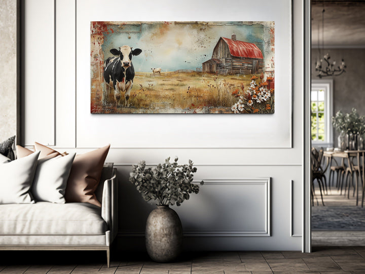 Old Barn And Cows On The Farm Rustic Framed Canvas Wall Art