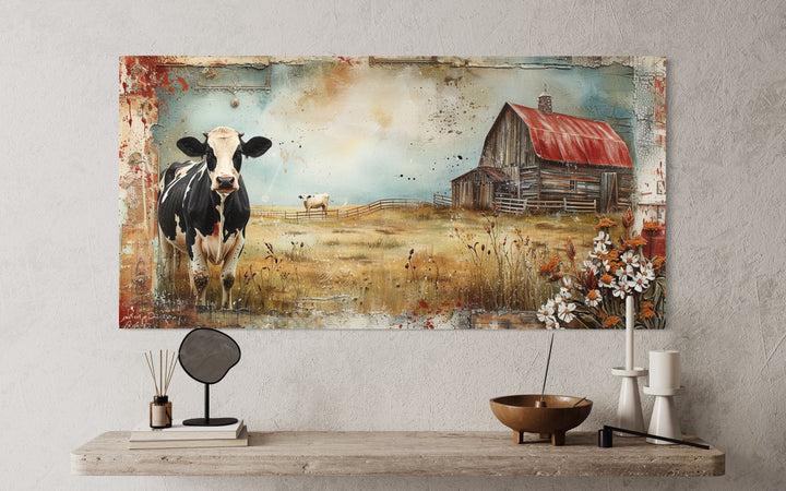 Old Barn And Cows On The Farm Rustic Framed Canvas Wall Art